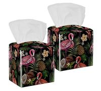 2PCS Square Tissue Box Cover, Flamingo Tropical Palm Tree Leaves Pineapple Coconut Pattern Leather Tissue Case Facial Paper Organizer Dispenser for Vanity Dresser Night Stand Table Countertop
