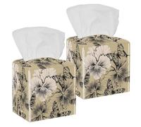 2PCS Square Tissue Box Cover, Floral Flowers Pansies and Butterflies Pattern Leather Tissue Case Facial Paper Organizer Dispenser for Vanity Toilet Tank Dresser Night Stand Table Countertop Office