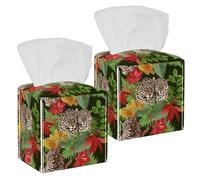 2PCS Square Tissue Box Cover, Floral Tigers Pattern Leather Tissue Case Facial Paper Organizer Dispenser for Vanity Toilet Tank Dresser Night Stand Table Countertop Office Car