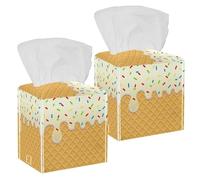 2PCS Square Tissue Box Cover, Flowing Ice Cream Wafer Cookie Pattern Leather Tissue Case Facial Paper Organizer Dispenser for Vanity Toilet Tank Dresser Night Stand Table Countertop Office Car