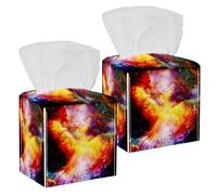 2PCS Square Tissue Box Cover, Flying Phoenix Bird in Cosmic Space Leather Tissue Case Facial Paper Organizer Dispenser for Vanity Dresser Night Stand Table Countertop Office Car