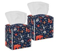 2PCS Square Tissue Box Cover, Forest Fox Bear Raccoon Owls Rabbits Flowers Pattern Leather Tissue Case Facial Paper Organizer Dispenser for Vanity Toilet Tank Dresser Night Stand Table Countertop