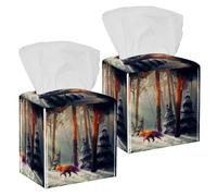 2PCS Square Tissue Box Cover, Forest Fox Leather Tissue Case Facial Paper Organizer Dispenser for Vanity Toilet Tank Dresser Night Stand Table Countertop Office Car