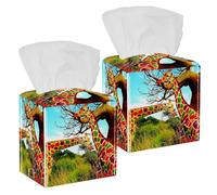 2PCS Square Tissue Box Cover, Forest Giraffe Leather Tissue Case Facial Paper Organizer Dispenser for Vanity Toilet Tank Dresser Night Stand Table Countertop Office Car