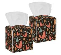 2PCS Square Tissue Box Cover, Forest Plants Animal Fox Leather Tissue Case Facial Paper Organizer Dispenser for Vanity Toilet Tank Dresser Night Stand Table Countertop Office Car