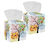 2PCS Square Tissue Box Cover, Four Season Tree Leather Tissue Case Facial Paper Organizer Dispenser for Vanity Toilet Tank Dresser Night Stand Table Countertop Office Car