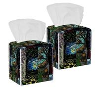 2PCS Square Tissue Box Cover, Four Seasons Landscape Leather Tissue Case Facial Paper Organizer Dispenser for Vanity Toilet Tank Dresser Night Stand Table Countertop Office Car