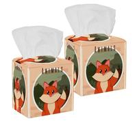2PCS Square Tissue Box Cover, Fox Cute Animal Leather Tissue Case Facial Paper Organizer Dispenser for Vanity Toilet Tank Dresser Night Stand Table Countertop Office Car