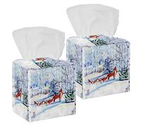 2PCS Square Tissue Box Cover, Fox Jogging Snow Leather Tissue Case Facial Paper Organizer Dispenser for Vanity Toilet Tank Dresser Night Stand Table Countertop Office Car