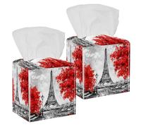 2PCS Square Tissue Box Cover, France Eiffel Tower and Red Trees Oil Painting Paris Leather Tissue Case Facial Paper Organizer Dispenser for Vanity Dresser Night Stand Table Countertop Office Car