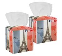 2PCS Square Tissue Box Cover, France Eiffel Tower Leather Tissue Case Facial Paper Organizer Dispenser for Vanity Toilet Tank Dresser Night Stand Table Countertop Office Car