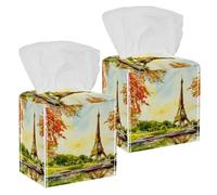 2PCS Square Tissue Box Cover, France Eiffel Tower Romantic The Seine River View Leather Tissue Case Facial Paper Organizer Dispenser for Vanity Dresser Night Stand Table Countertop Office Car