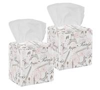 2PCS Square Tissue Box Cover, France Paris City Eiffel Tower Rose Floral Pattern Leather Tissue Case Facial Paper Organizer Dispenser for Vanity Toilet Tank Dresser Night Stand Table Countertop