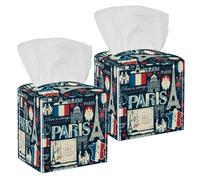 2PCS Square Tissue Box Cover, France Paris Eiffel Tower Leather Tissue Case Facial Paper Organizer Dispenser for Vanity Toilet Tank Dresser Night Stand Table Countertop Office Car