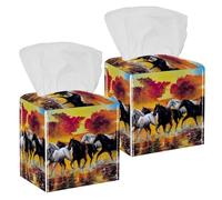 2PCS Square Tissue Box Cover, Free Horse Runs Through The Splashes of Water Leather Tissue Case Facial Paper Organizer Dispenser for Vanity Toilet Tank Dresser Night Stand Table Countertop Office Car