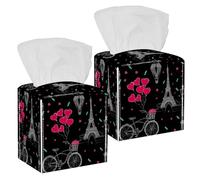 2PCS Square Tissue Box Cover, French Paris Eiffel Tower Love Heart Pattern Leather Tissue Case Facial Paper Organizer Dispenser for Vanity Toilet Tank Dresser Night Stand Table Countertop Office Car