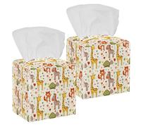 2PCS Square Tissue Box Cover, Funny Africa Zoo Animals Giraffe Zebra Raccoon Pattern Leather Tissue Case Facial Paper Organizer Dispenser for Vanity Toilet Tank Dresser Night Stand Table Countertop