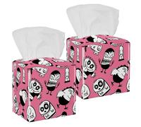 2PCS Square Tissue Box Cover, Funny Colorful Monsters Pink Pattern Leather Tissue Case Facial Paper Organizer Dispenser for Vanity Toilet Tank Dresser Night Stand Table Countertop Office Car