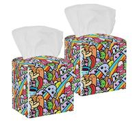 2PCS Square Tissue Box Cover, Funny Coloring Monsters Rainbow Pattern Leather Tissue Case Facial Paper Organizer Dispenser for Vanity Toilet Tank Dresser Night Stand Table Countertop Office Car