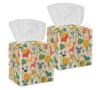 2PCS Square Tissue Box Cover, Giraffe Elephant Hippo Bird Flower Leather Tissue Case Facial Paper Organizer Dispenser for Vanity Toilet Tank Dresser Night Stand Table Countertop Office Car