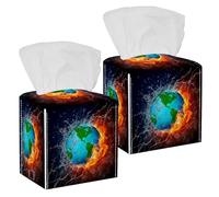 2PCS Square Tissue Box Cover, Globe Fire and Water Leather Tissue Case Facial Paper Organizer Dispenser for Vanity Dresser Night Stand Table Countertop Office Car