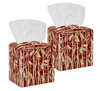 2PCS Square Tissue Box Cover, Gold Bamboo Nature Leather Tissue Case Facial Paper Organizer Dispenser for Vanity Toilet Tank Dresser Night Stand Table Countertop Office Car