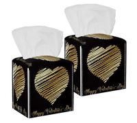 2PCS Square Tissue Box Cover, Gold Heart Black Leather Tissue Case Facial Paper Organizer Dispenser for Vanity Toilet Tank Dresser Night Stand Table Countertop Office Car
