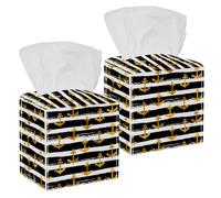 2PCS Square Tissue Box Cover, Golden Anchors on Black and White Striped Pattern Leather Tissue Case Facial Paper Organizer Dispenser for Vanity Toilet Tank Dresser Night Stand Table Countertop Office