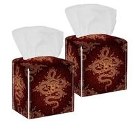2PCS Square Tissue Box Cover, Golden Dragons Leather Tissue Case Facial Paper Organizer Dispenser for Vanity Toilet Tank Dresser Night Stand Table Countertop Office Car