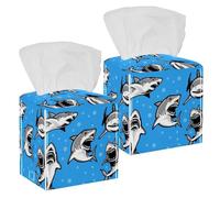 2PCS Square Tissue Box Cover, Great White Shark Leather Tissue Case Facial Paper Organizer Dispenser for Vanity Toilet Tank Dresser Night Stand Table Countertop Office Car