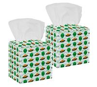 2PCS Square Tissue Box Cover, Green Alien UFO Invasion Spaceship Pattern Leather Tissue Case Facial Paper Organizer Dispenser for Vanity Toilet Tank Dresser Night Stand Table Countertop Office Car