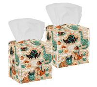 2PCS Square Tissue Box Cover, Green and Orange Winter Dinosaurs Leather Tissue Case Facial Paper Organizer Dispenser for Vanity Toilet Tank Dresser Night Stand Table Countertop Office Car