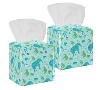 2PCS Square Tissue Box Cover, Green Blue Elephant Cute Animals Pattern Leather Tissue Case Facial Paper Organizer Dispenser for Vanity Toilet Tank Dresser Night Stand Table Countertop Office Car