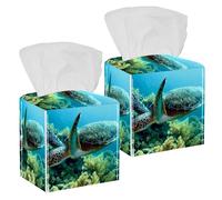 2PCS Square Tissue Box Cover, Green Sea Turtle Leather Tissue Case Facial Paper Organizer Dispenser for Vanity Toilet Tank Dresser Night Stand Table Countertop Office Car