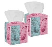 2PCS Square Tissue Box Cover, Grungy Old Textured Paper with Roses and Butterfly Leather Tissue Case Facial Paper Organizer Dispenser for Vanity Dresser Night Stand Table Countertop Office Car