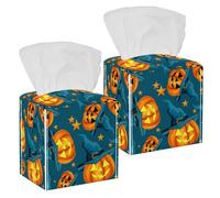 2PCS Square Tissue Box Cover, Halloween Pumpkin with Witches Hat and Stars Leather Tissue Case Facial Paper Organizer Dispenser for Vanity Toilet Tank Dresser Night Stand Table Countertop Office Car