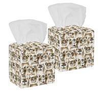 2PCS Square Tissue Box Cover, Hand Drawn Happy Cats Leather Tissue Case Facial Paper Organizer Dispenser for Vanity Toilet Tank Dresser Night Stand Table Countertop Office Car