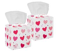 2PCS Square Tissue Box Cover, Hand Drawn Hearts Leather Tissue Case Facial Paper Organizer Dispenser for Vanity Toilet Tank Dresser Night Stand Table Countertop Office Car