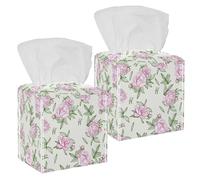 2PCS Square Tissue Box Cover, Hand Drawn Rosy Beautiful Peony Flowers Leather Tissue Case Facial Paper Organizer Dispenser for Vanity Toilet Tank Dresser Night Stand Table Countertop Office Car