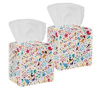2PCS Square Tissue Box Cover, Happy Birthday Flower Music Notes Leather Tissue Case Facial Paper Organizer Dispenser for Vanity Toilet Tank Dresser Night Stand Table Countertop Office Car