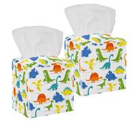 2PCS Square Tissue Box Cover, Happy Cartoon Dinosaur Background Leather Tissue Case Facial Paper Organizer Dispenser for Vanity Toilet Tank Dresser Night Stand Table Countertop Office Car