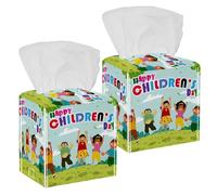 2PCS Square Tissue Box Cover, Happy Childrens Day Leather Tissue Case Facial Paper Organizer Dispenser for Vanity Toilet Tank Dresser Night Stand Table Countertop Office Car