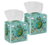 2PCS Square Tissue Box Cover, Happy Earth Day Leather Tissue Case Facial Paper Organizer Dispenser for Vanity Toilet Tank Dresser Night Stand Table Countertop Office Car