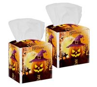 2PCS Square Tissue Box Cover, Happy Halloween Smiling Pumpkin Leather Tissue Case Facial Paper Organizer Dispenser for Vanity Toilet Tank Dresser Night Stand Table Countertop Office Car