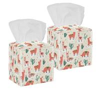2PCS Square Tissue Box Cover, Happy Lama Lovely Flowers and Cacti Alpaca Pattern Leather Tissue Case Facial Paper Organizer Dispenser for Vanity Toilet Tank Dresser Night Stand Table Countertop