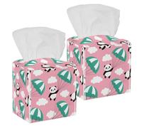 2PCS Square Tissue Box Cover, Happy Panda Flying Sky Blue Paragliding Clouds Pattern Leather Tissue Case Facial Paper Organizer Dispenser for Vanity Toilet Tank Dresser Night Stand Table Countertop