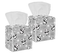 2PCS Square Tissue Box Cover, Happy Panda Flying Sky Clouds Star Rain Pattern Leather Tissue Case Facial Paper Organizer Dispenser for Vanity Toilet Tank Dresser Night Stand Table Countertop Office
