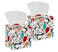 2PCS Square Tissue Box Cover, Happy Panda Flying Sky Colorful Balloons Pattern Leather Tissue Case Facial Paper Organizer Dispenser for Vanity Toilet Tank Dresser Night Stand Table Countertop Office