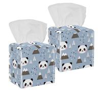 2PCS Square Tissue Box Cover, Happy Panda in The Forest Mountain Tree and Cloud Leather Tissue Case Facial Paper Organizer Dispenser for Vanity Toilet Tank Dresser Night Stand Table Countertop Office