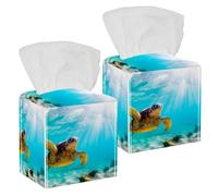 2PCS Square Tissue Box Cover, Hawaiian Green Sea Turtle Swim Pattern Leather Tissue Case Facial Paper Organizer Dispenser for Vanity Toilet Tank Dresser Night Stand Table Countertop Office Car